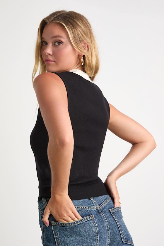 Henriette Black and White Collared Sweater Top