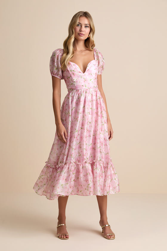 Sincerely Wondrous Pink Floral Puff Sleeve Tiered Midi Dress