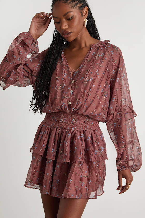 Christy Rust Floral Button-Front Long Sleeve Mini Dress