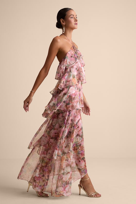 Melody Pink Floral Tiered Halter Maxi Dress