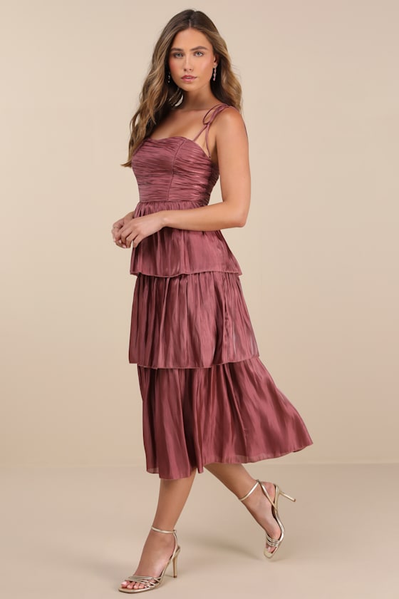Tennon Dusty Rose Plisse Tiered Midi Dress