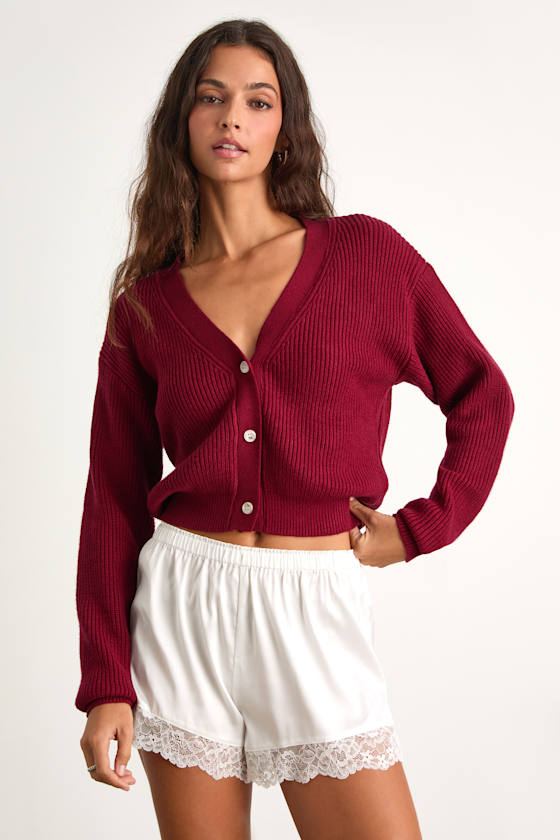 Toasty Babe Wine Red Knit Button-Up Cropped Cardigan
