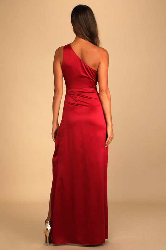 Dreaming of Elegance Wine Red Satin One-Shoulder Maxi Dress