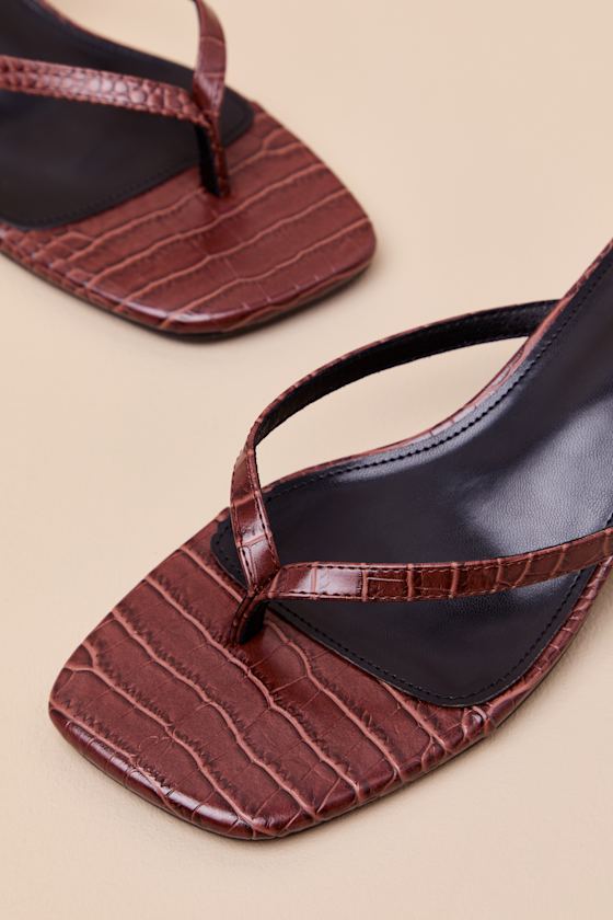 Massima Brown Croc-Embrossed Kitten Heel Thong Sandals