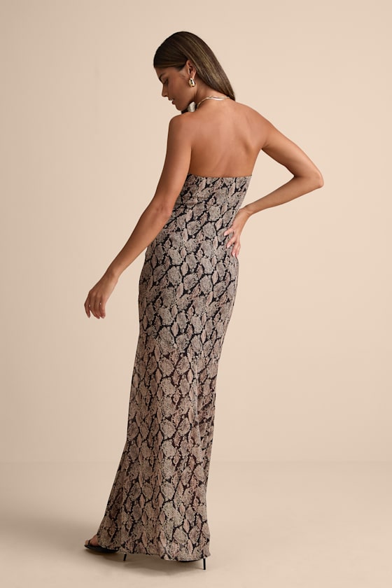 Cherette Brown Snake Print Strapless Maxi Dress