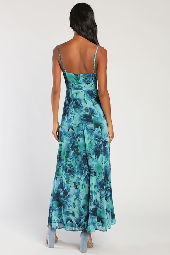 Beautiful Soul Teal Green Floral Print Twist-Front Maxi Dress
