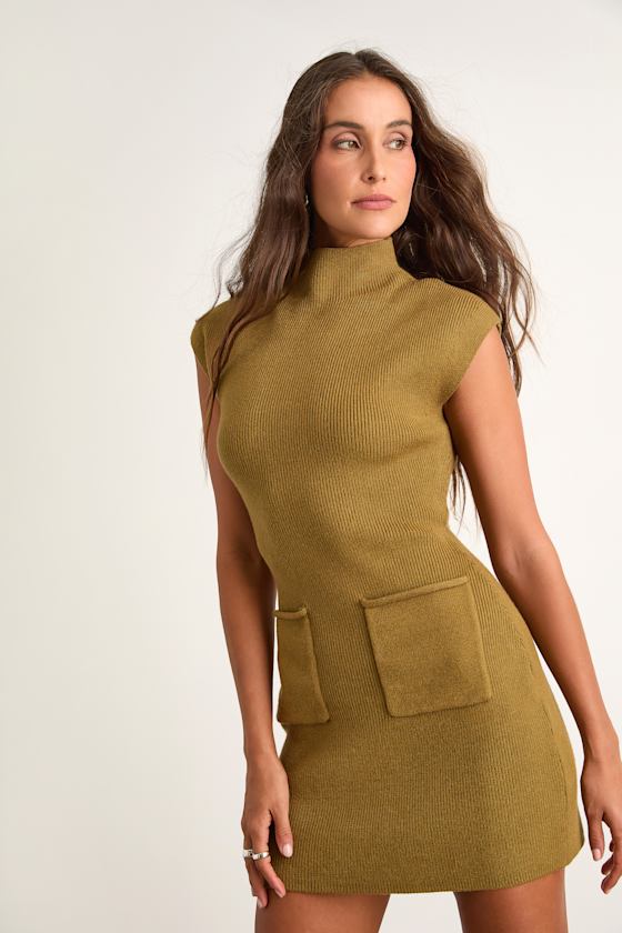 Joana Olive Green Ribbed Mock Neck Sweater Mini Dress