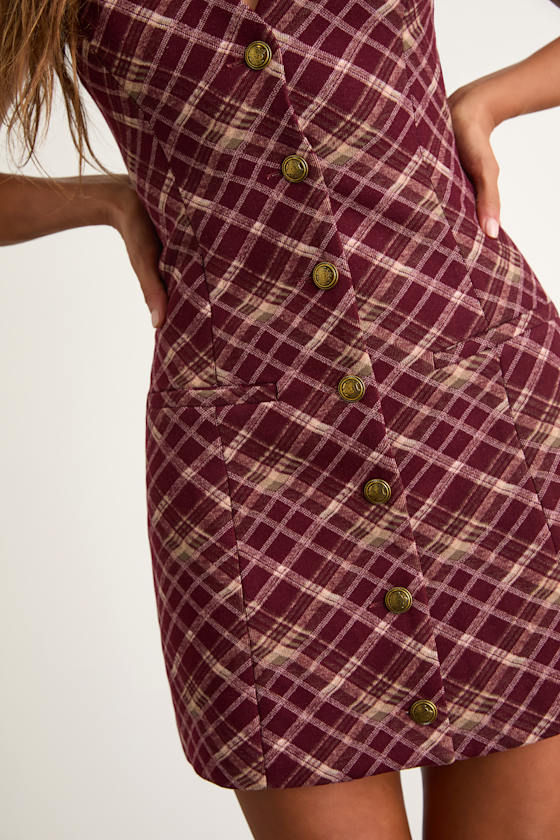Kala Burgundy Plaid Button-Front Mini Dress