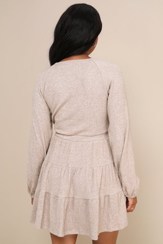 Adorable Option Heather Beige Long Sleeve Mini Sweater Dress