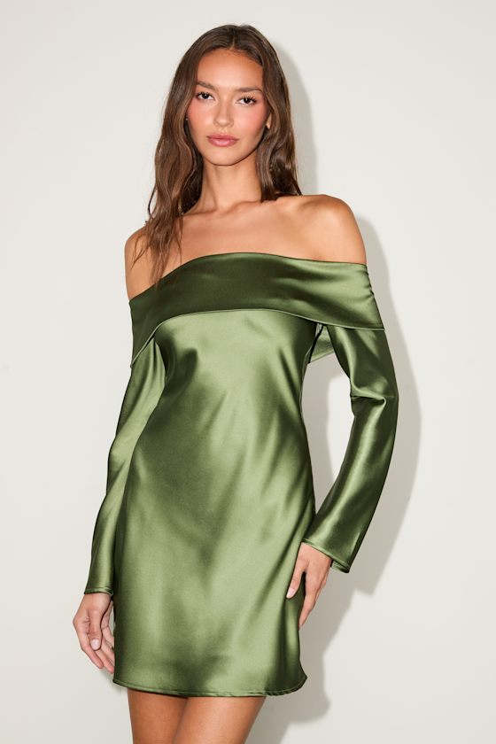 Luxurious Vision Olive Green Satin Off-the-Shoulder Mini Dress