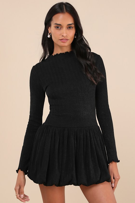Approachably Adorable Black Ribbed Bubble-Hem Mini Dress
