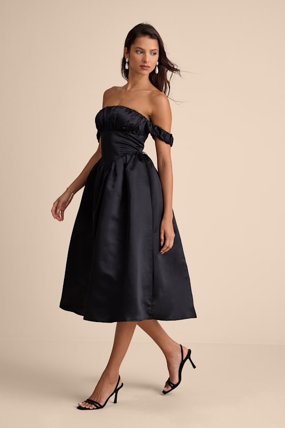 Coquette Essence Black Satin Off-the-Shoulder Lace-Up Midi Dress