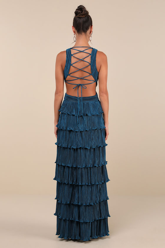 Beauty Icon Dark Teal Satin Pleated Tiered Lace-Up Maxi Dress