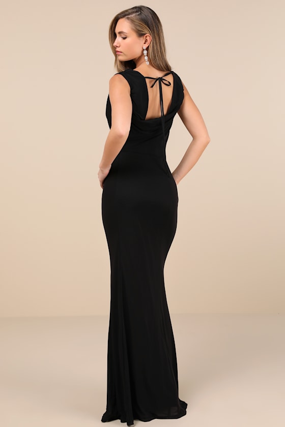 Stunning Mystery Black Mesh Cowl Back Mermaid Maxi Dress