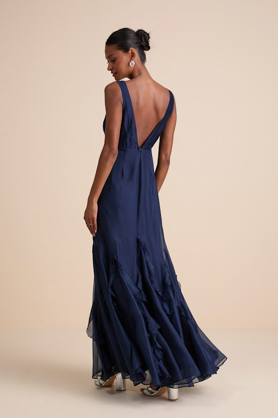 Deluca Navy Floral Sleeveless Ruffled Maxi Dress