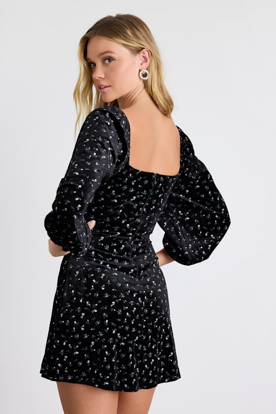 Adored Perfection Black Floral Velvet Balloon Sleeve Mini Dress