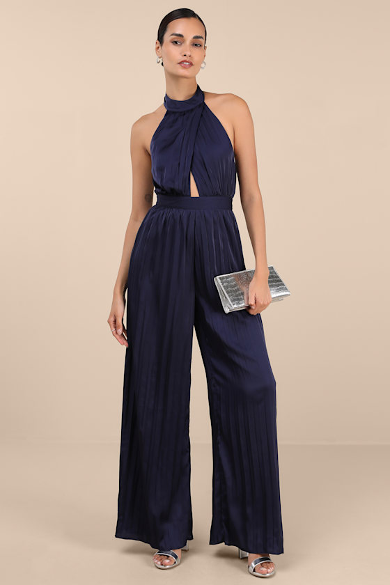 Confident Impression Navy Satin Pleated Halter Jumpsuit