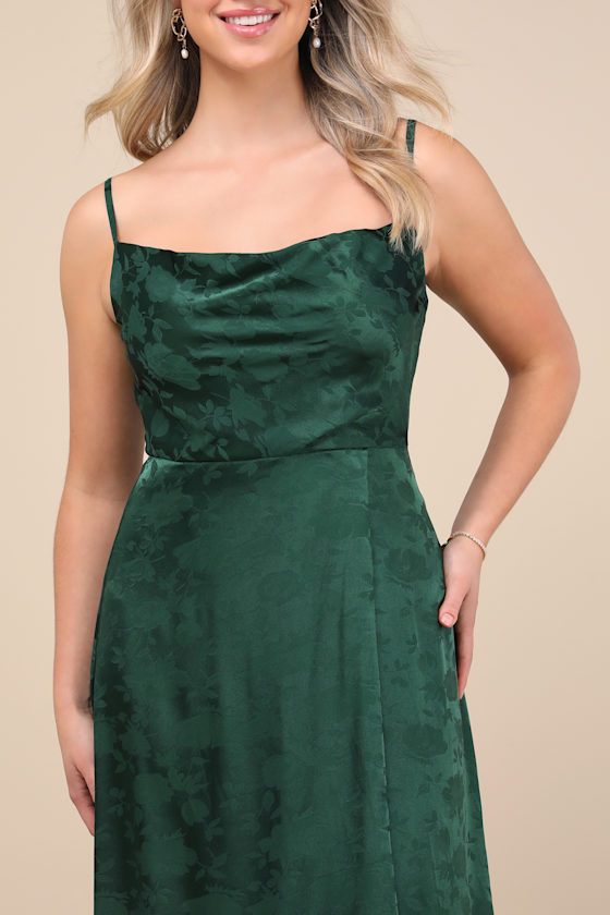 Simply Dreamy Emerald Green Satin Floral Jacquard Maxi Dress