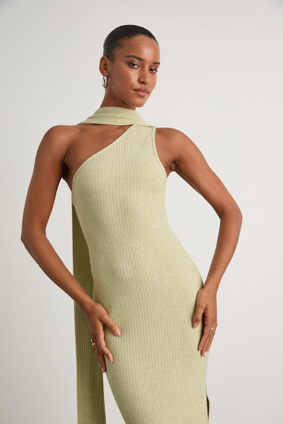 Venna Heathered Sage One-Shoulder Scarf Maxi Dress