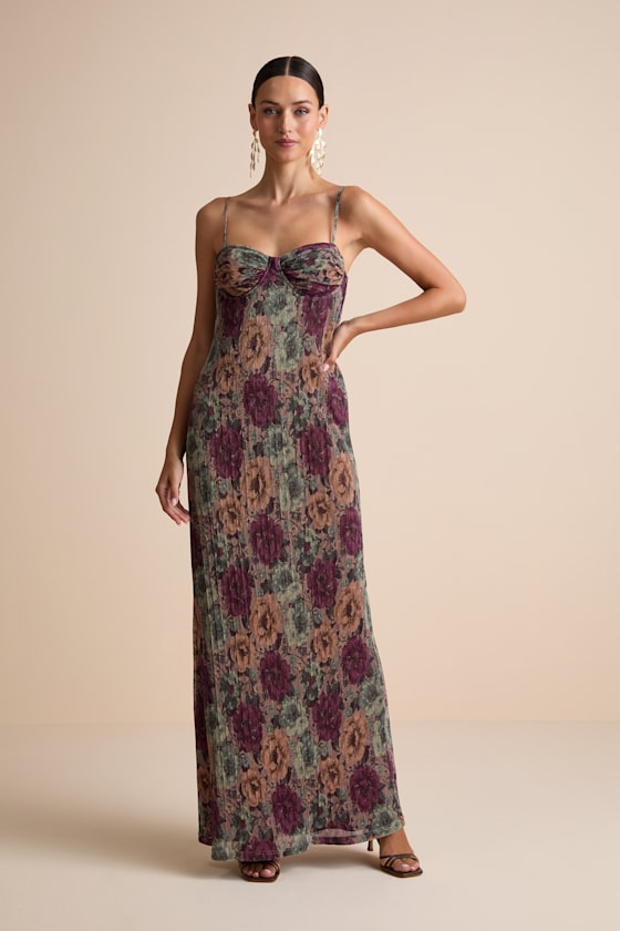 Kendlyn Taupe Multi Floral Plisse Maxi Dress