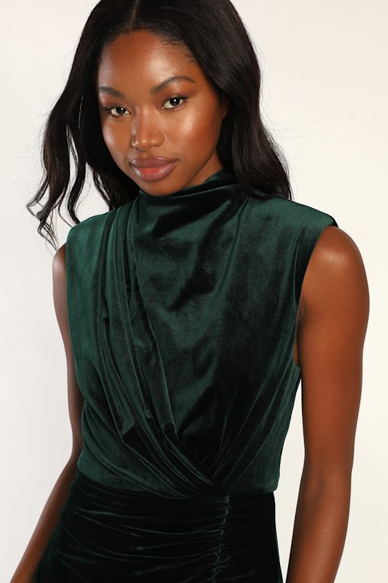 Alluring Image Emerald Ruched Velvet Mock Neck Maxi Dress