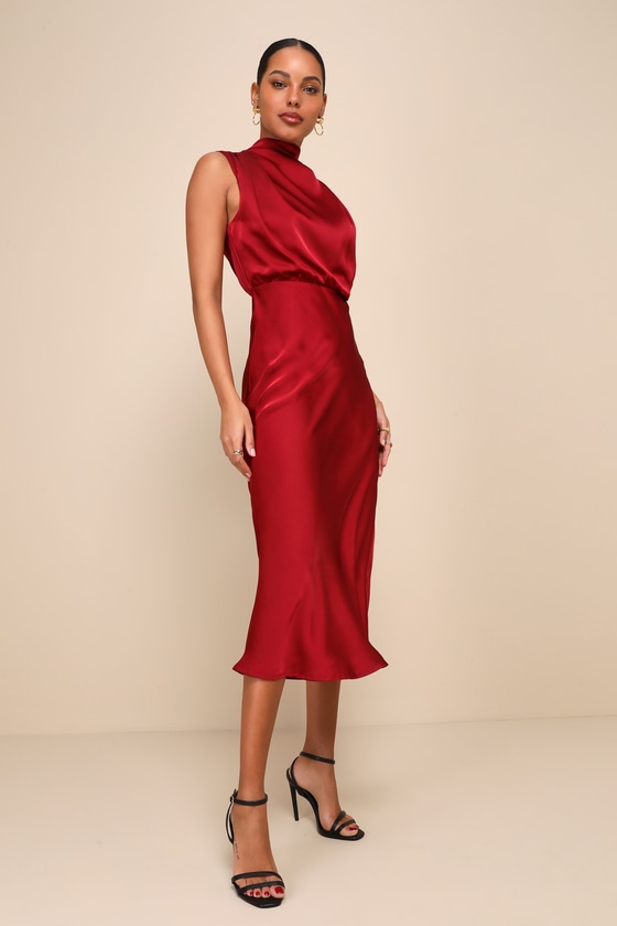 Distinctive Charm Burgundy Satin Asymmetrical Midi Dress