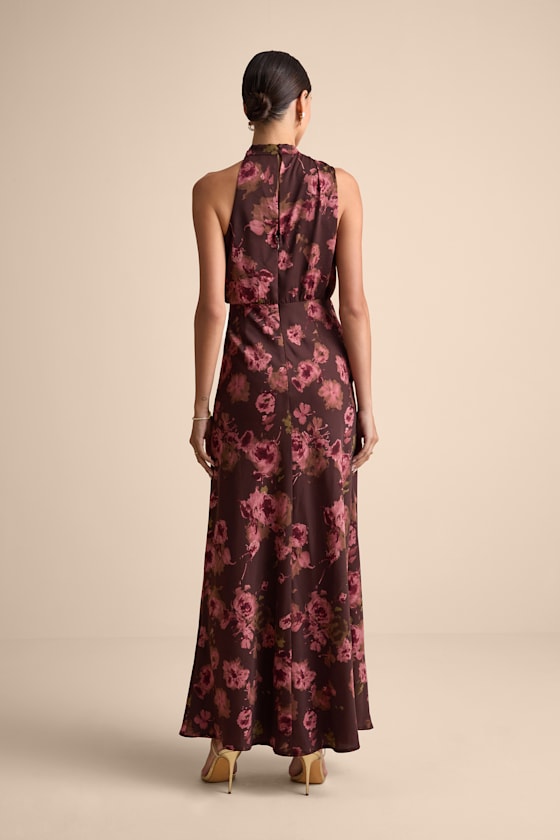 Distinctive Charm Brown Floral Satin Asymmetrical Maxi Dress