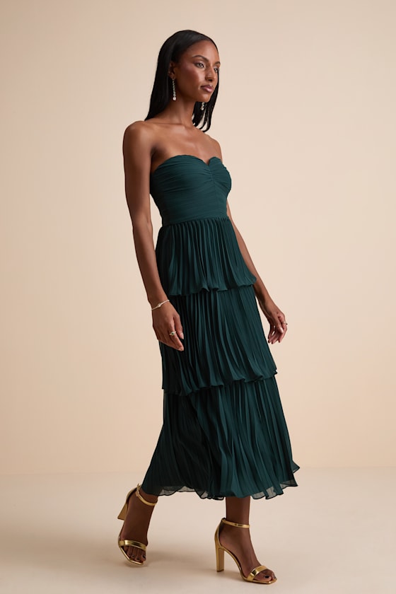 Seriously Sensational Emerald Strapless Tiered Midi Dress