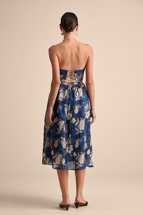 Eulalia Dark Blue Floral Lace-Up Strapless Bustier Midi Dress