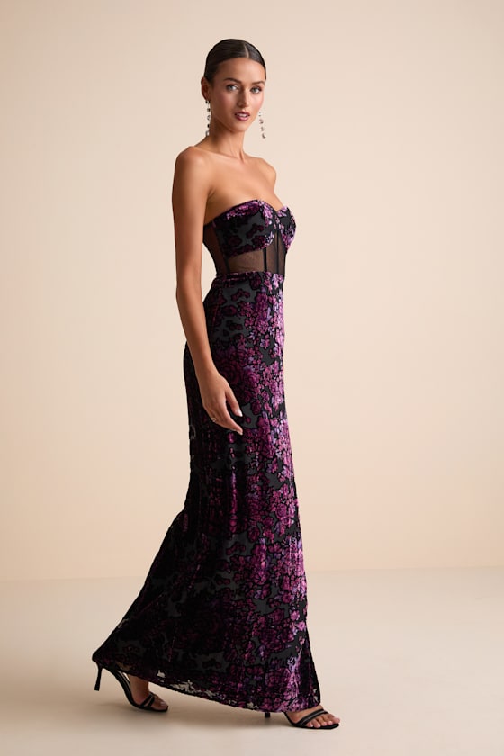 Breathtaking View Black Mesh Burnout Velvet Strapless Maxi Dress