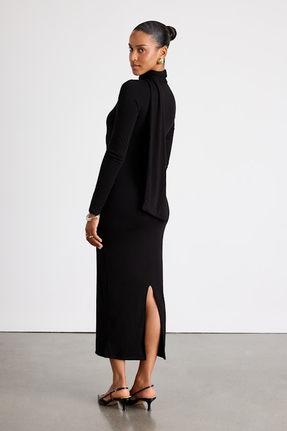 Wintery Fascination Black Long Sleeve Scarf Midi Dress