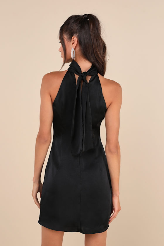 Infinite Admiration Black Satin Halter Mini Dress