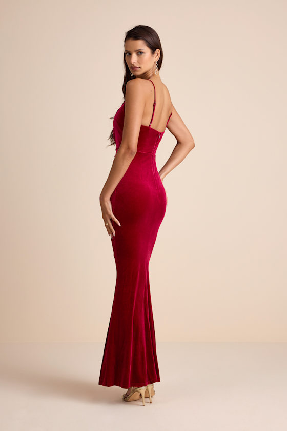 Stunning Invitation Magenta Velvet Ruched Sleeveless Maxi Dress