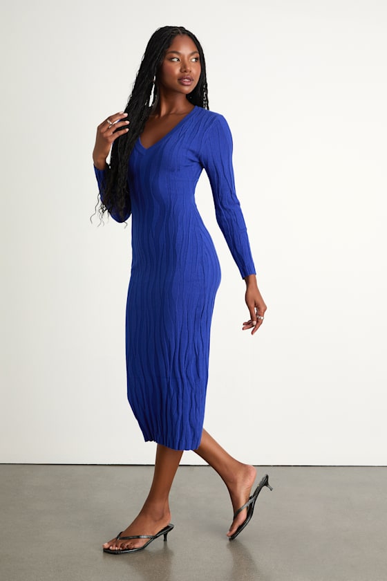 High Appeal Royal Blue Textured V-Neck Midi Sweater Dress