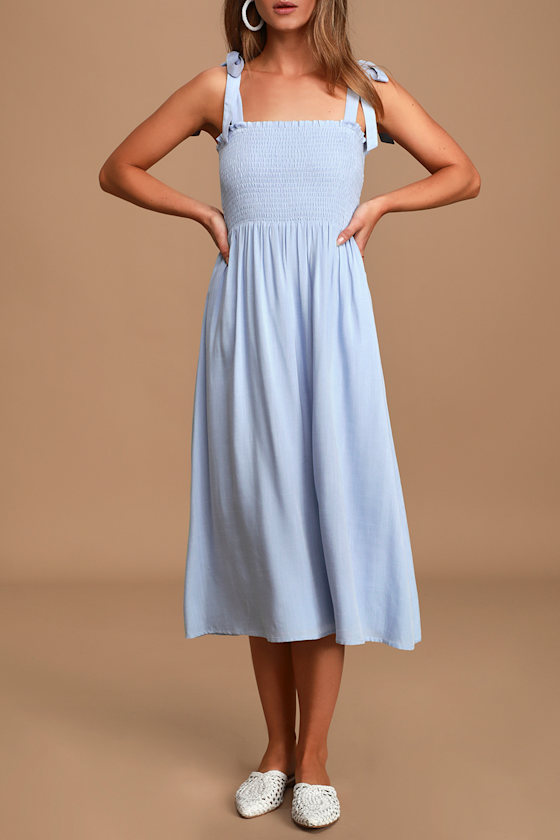 Looking Up Light Blue Smocked Tie-Strap Midi Dress