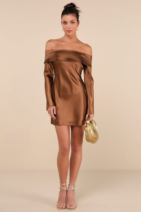 Luxurious Vision Brown Satin Off-the-Shoulder Mini Dress