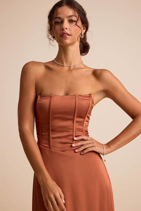 Extraordinary Presence Rust Brown Satin Strapless Maxi Dress