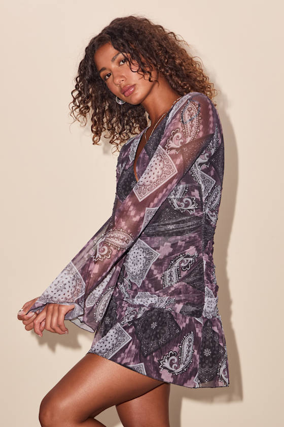 Naylah Purple and Black Boho Print Mesh Long Sleeve Mini Dress