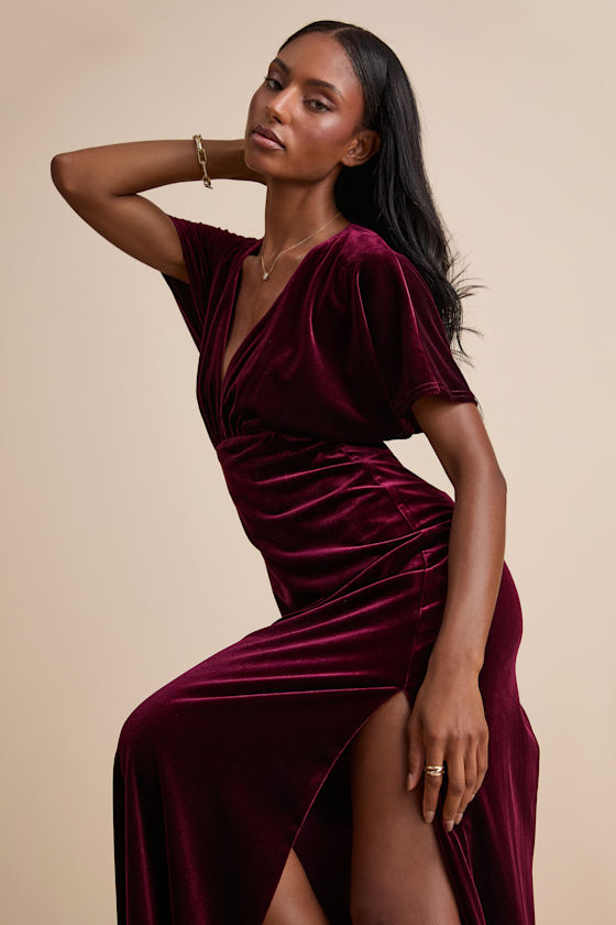 Mystical Charm Burgundy Velvet Flutter Sleeve Maxi Dress