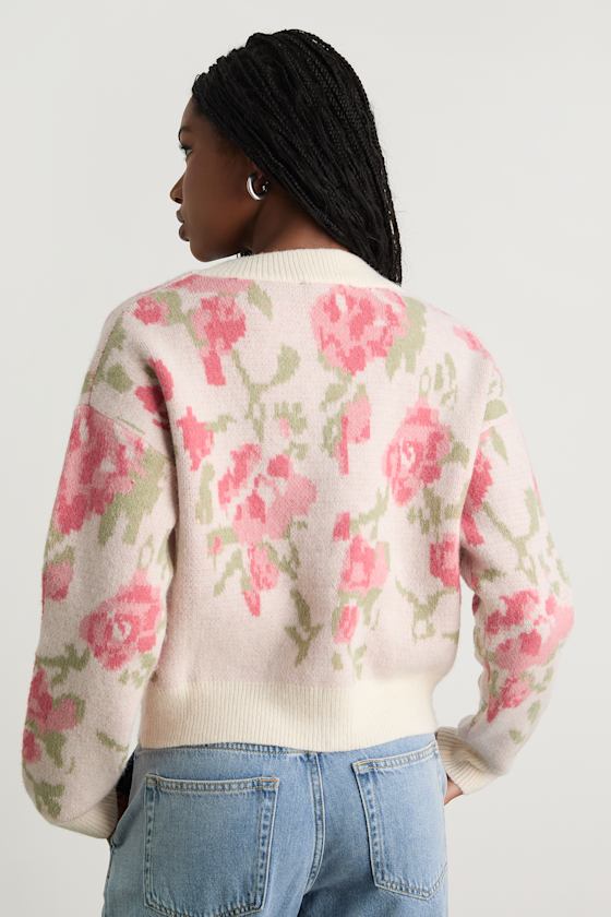 Wylenna Cream and Blush Floral Cropped Cardigan Sweater