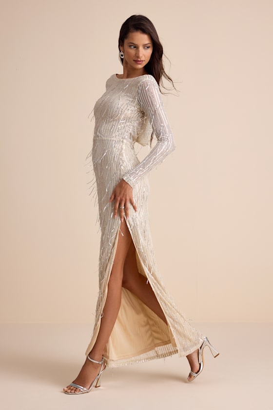 Glittery Devotion Champagne Sequin Fringe Maxi Dress
