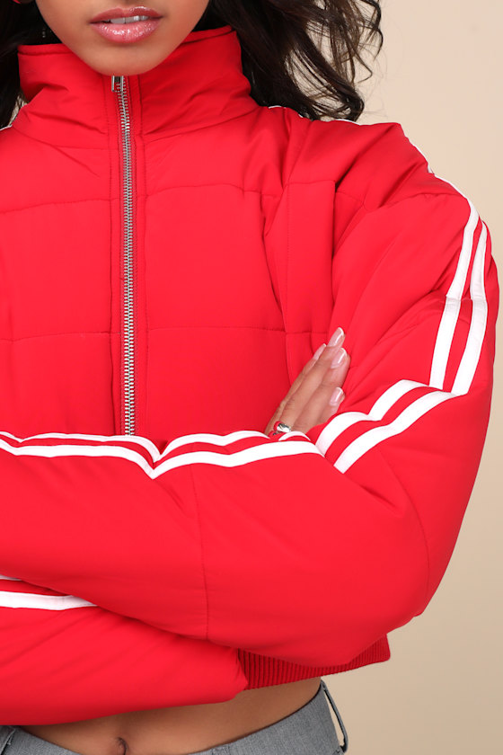 Impressively Posh Red Nylon Quilted Cropped Puffer Jacket