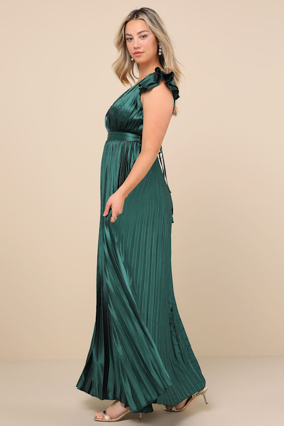 Exceptional Drama Emerald Satin Lace-Up Pleated Maxi Dress