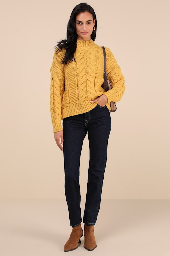 Timeless Warmth Mustard Yellow Cable Knit Pullover Sweater