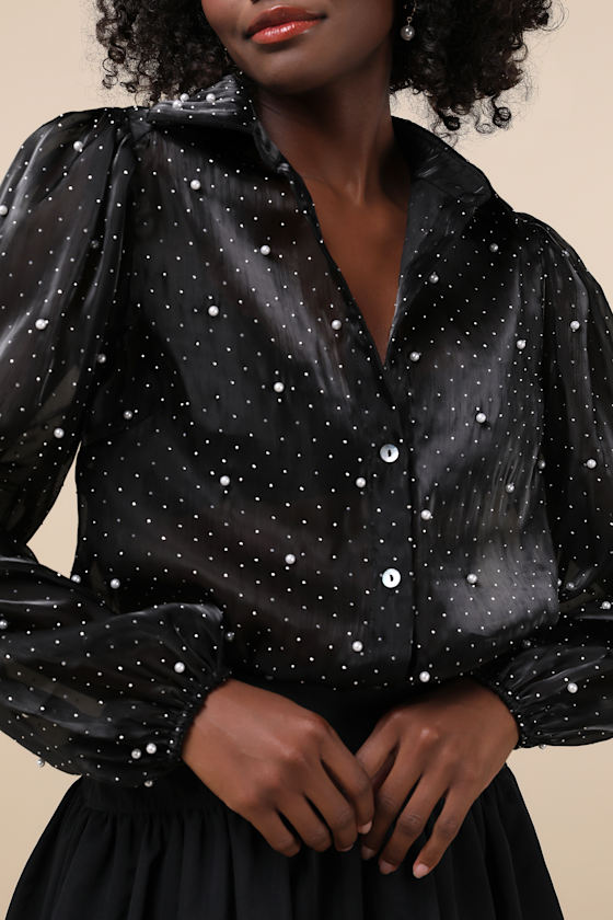 Poised Glam Black Sheer Rhinestone Button-Up Top