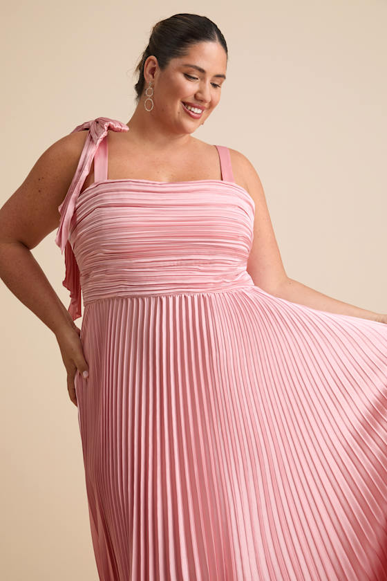Gorgeous Purpose Pink Satin Pleated Sleeveless Bow Maxi Dress