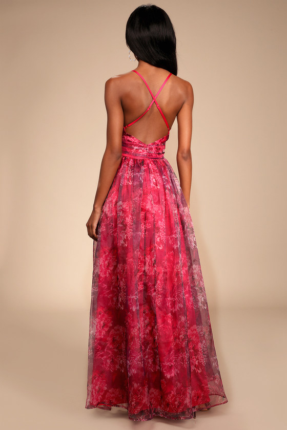 Romance That Wows Magenta Floral Print Organza Maxi Dress
