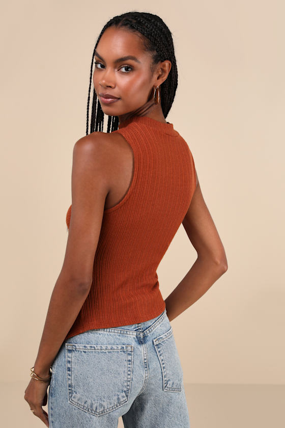 Trendy Minimalist Rust Brown Ribbed Knotted Tank Top