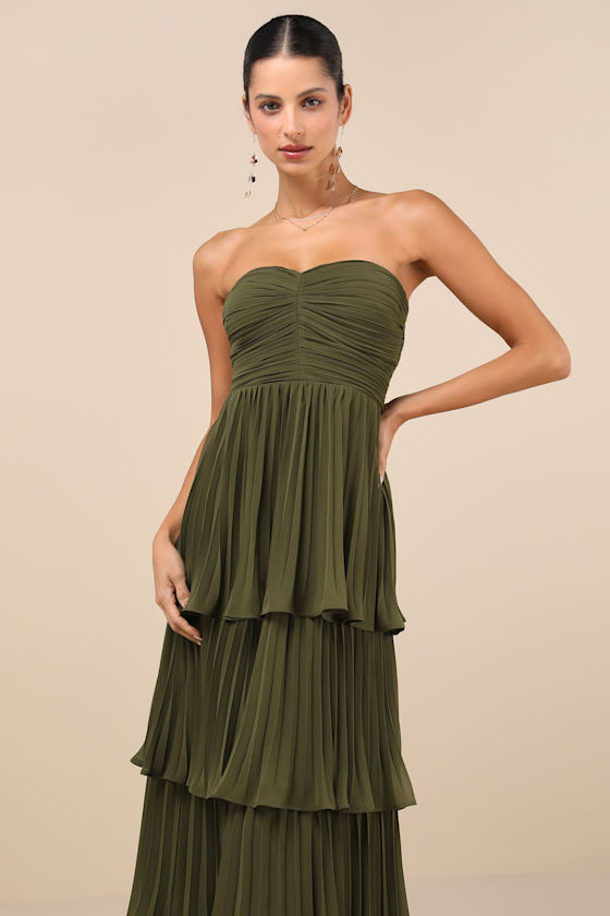 Seriously Sensational Olive Green Strapless Tiered Maxi Dress