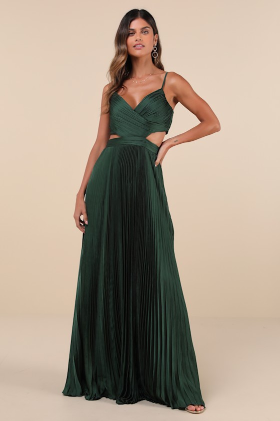 Got the Glam Emerald Green Pleated Cutout Maxi Dress